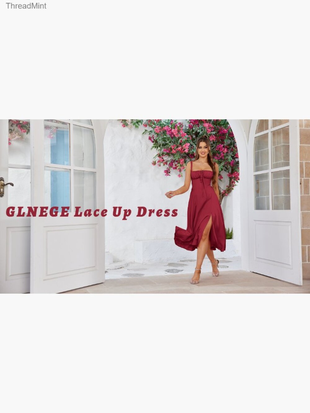 Midi Corset Sundress Flowy A-Line Slit Lace Up Tea Party Dress - Picture 6 of 7